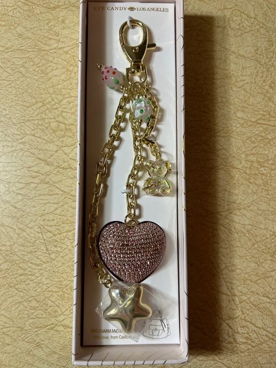 eye candy Gold-tone Keychain with Pink Crystal Heart and Star Charms - Picture 1 of 1